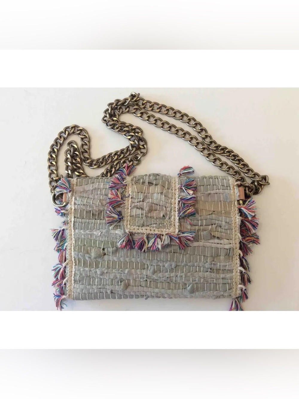 Kooreloo Woven Tassel Crossbody Bag Gray Multi Fringe Chain Designer Handbag - Picture 3 of 17